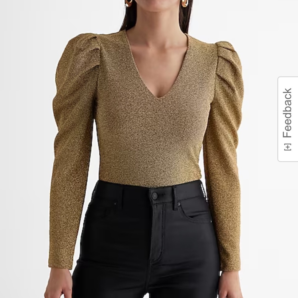 Express Gold Metallic Puff Sleeve V-Neck Bodysuit
